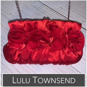 Lulu Townsend Red Satin Clutch with Chain, Convertible Crossbody EUC